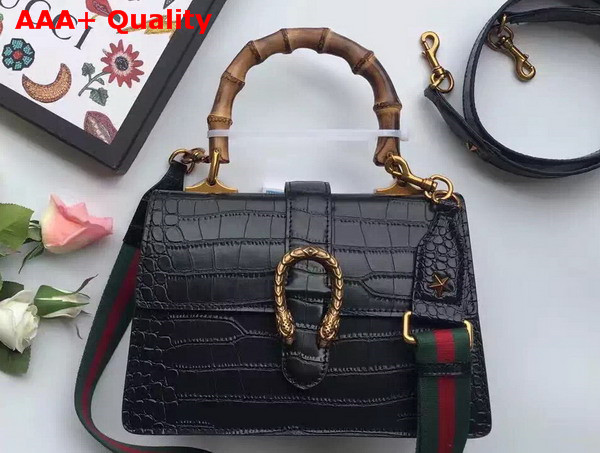 Gucci Medium Dionysus Croc Print Leather Top Handle Bag in Black Replica