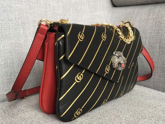 Gucci Medium Double Shouler Bag Gold Double G Stripe Print Black Leather with Red Leather 524822