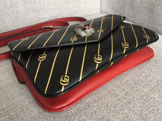 Gucci Medium Double Shouler Bag Gold Double G Stripe Print Black Leather with Red Leather 524822