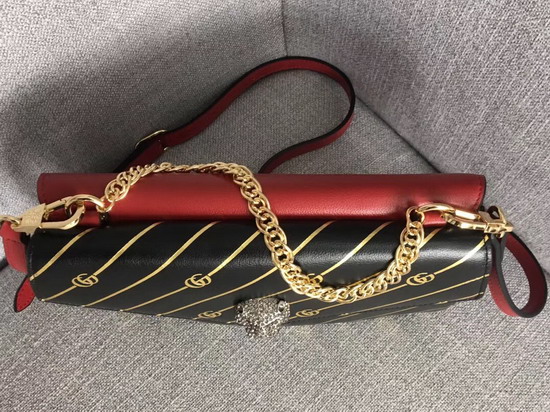 Gucci Medium Double Shouler Bag Gold Double G Stripe Print Black Leather with Red Leather 524822