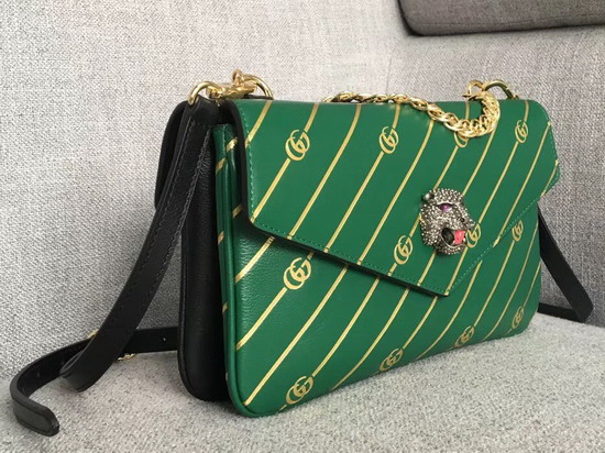 Gucci Medium Double Shouler Bag Gold Double G Stripe Print Green Leather with Black Leather 524822