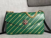 Gucci Medium Double Shouler Bag Gold Double G Stripe Print Green Leather with Black Leather 524822