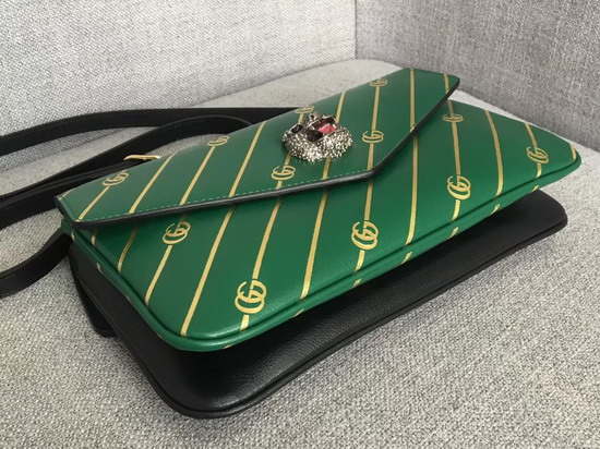 Gucci Medium Double Shouler Bag Gold Double G Stripe Print Green Leather with Black Leather 524822