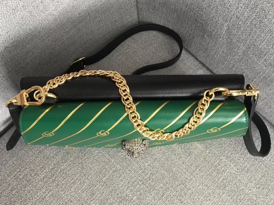 Gucci Medium Double Shouler Bag Gold Double G Stripe Print Green Leather with Black Leather 524822