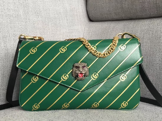 Gucci Medium Double Shouler Bag Gold Double G Stripe Print Green Leather with Black Leather 524822