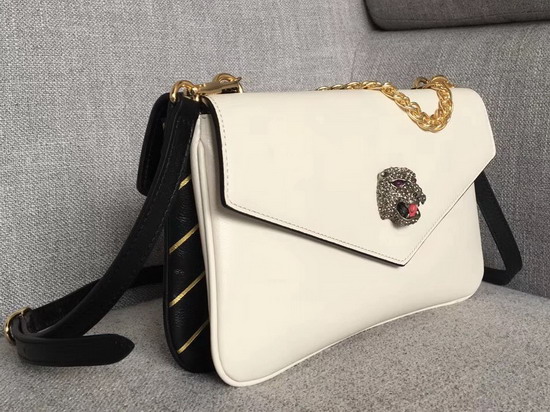 Gucci Medium Double Shouler Bag White Leather with Gold Double G Stripe Print Black Leather 524822