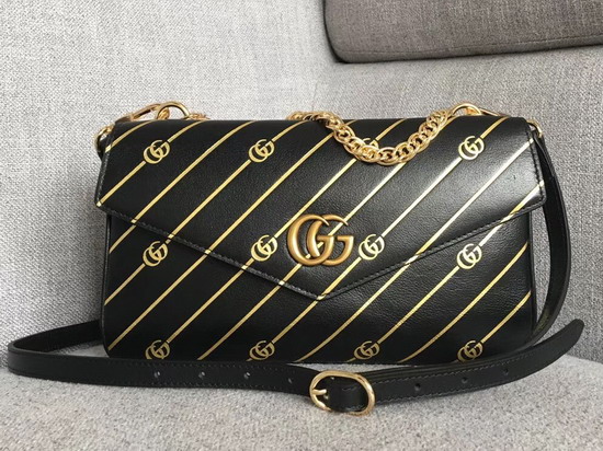 Gucci Medium Double Shouler Bag White Leather with Gold Double G Stripe Print Black Leather 524822