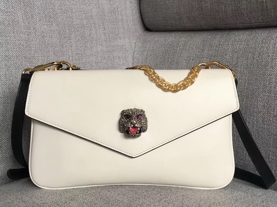 Gucci Medium Double Shouler Bag White Leather with Gold Double G Stripe Print Black Leather 524822