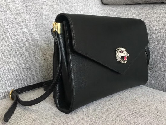 Gucci Medium Shoulder Bag with Feline Head with Crystals Black Leather