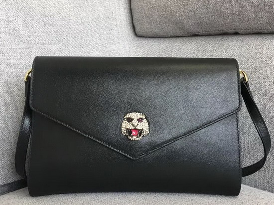 Gucci Medium Shoulder Bag with Feline Head with Crystals Black Leather