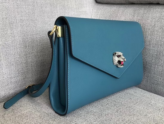 Gucci Medium Shoulder Bag with Feline Head with Crystals Blue Leather