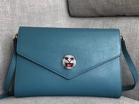 Gucci Medium Shoulder Bag with Feline Head with Crystals Blue Leather