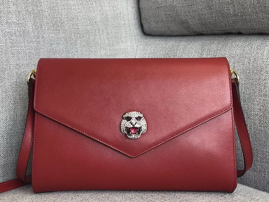 Gucci Medium Shoulder Bag with Feline Head with Crystals Red Leather