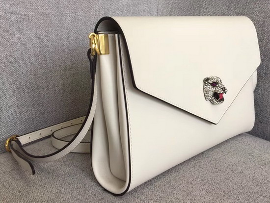 Gucci Medium Shoulder Bag with Feline Head with Crystals White Leather