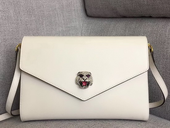 Gucci Medium Shoulder Bag with Feline Head with Crystals White Leather