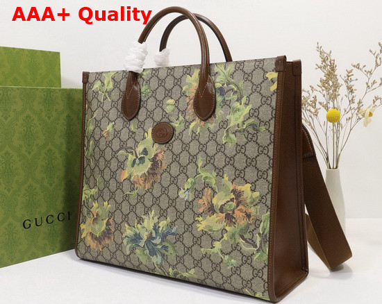 Gucci Medium Tote with Carnation Print Beige and Ebony GG Supreme Canvas 674148 Replica