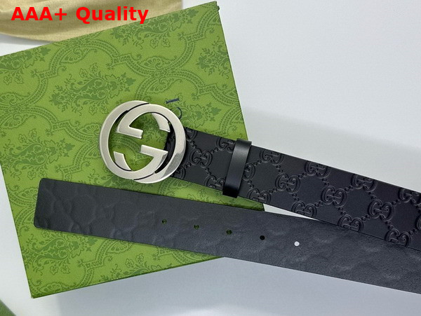 Gucci Men Belt with Interlocking G Buckle in Black GG Leather Replica