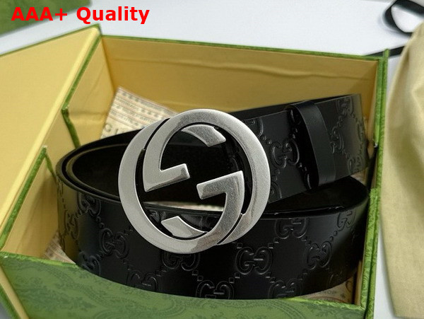 Gucci Men Belt with Interlocking G Buckle in Black GG Leather Replica