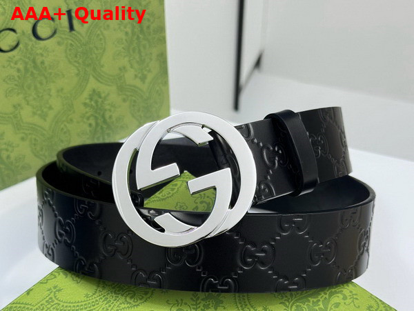 Gucci Men Belt with Interlocking G Buckle in Black GG Leather Replica