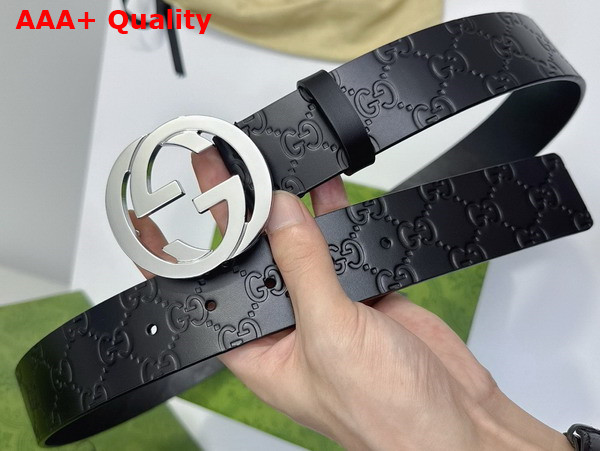 Gucci Men Belt with Interlocking G Buckle in Black GG Leather Replica