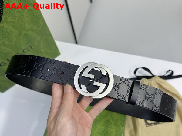 Gucci Men Belt with Interlocking G Buckle in Black GG Leather Replica