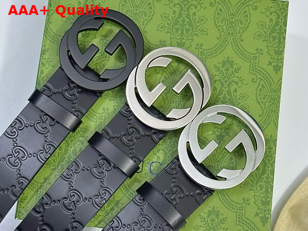 Gucci Men Belt with Interlocking G Buckle in Black GG Leather Replica