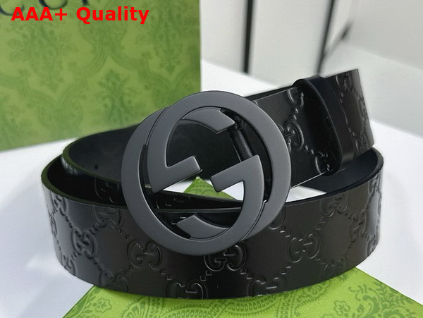 Gucci Men Belt with Interlocking G Buckle in Black GG Leather Replica