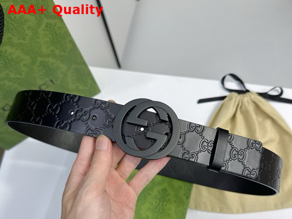 Gucci Men Belt with Interlocking G Buckle in Black GG Leather Replica