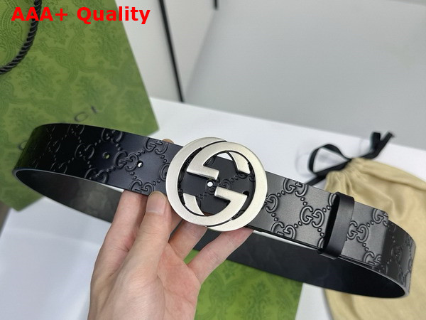 Gucci Men Belt with Interlocking G Buckle in Black GG Leather Replica