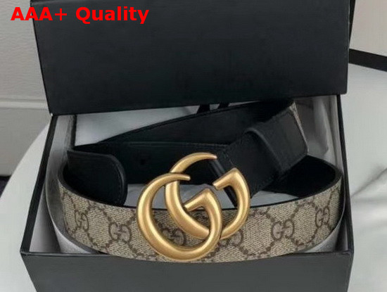 Gucci Mens GG Belt with Double G Buckle Beige Ebony GG Supreme and Black Leather 400593 Replica