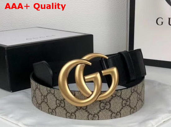 Gucci Mens GG Belt with Double G Buckle Beige Ebony GG Supreme and Black Leather 400593 Replica