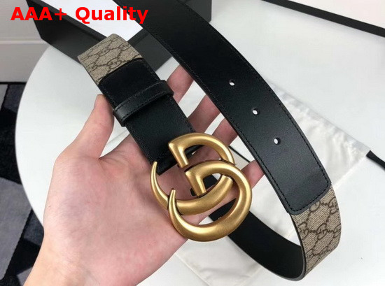 Gucci Mens GG Belt with Double G Buckle Beige Ebony GG Supreme and Black Leather 400593 Replica