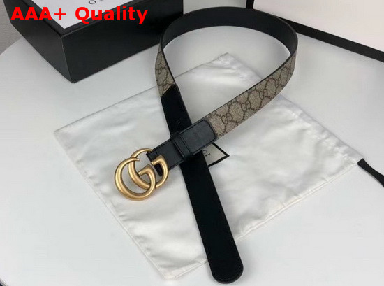 Gucci Mens GG Belt with Double G Buckle Beige Ebony GG Supreme and Black Leather 400593 Replica