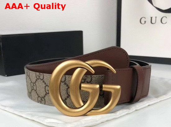 Gucci Mens GG Belt with Double G Buckle Beige Ebony GG Supreme and Brown Leather 400593 Replica