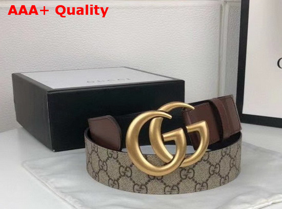 Gucci Mens GG Belt with Double G Buckle Beige Ebony GG Supreme and Brown Leather 400593 Replica