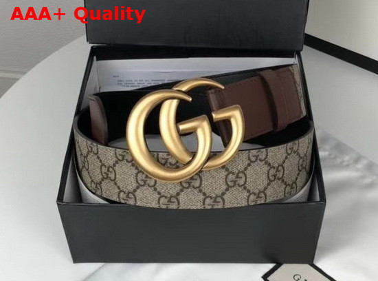 Gucci Mens GG Belt with Double G Buckle Beige Ebony GG Supreme and Brown Leather 400593 Replica