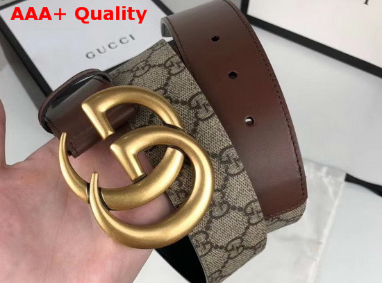 Gucci Mens GG Belt with Double G Buckle Beige Ebony GG Supreme and Brown Leather 400593 Replica