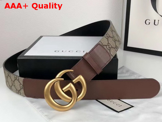 Gucci Mens GG Belt with Double G Buckle Beige Ebony GG Supreme and Brown Leather 400593 Replica