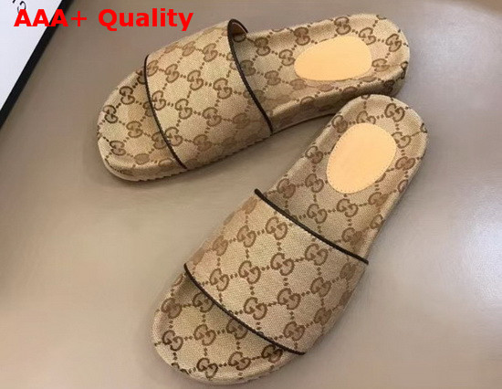 Gucci Mens GG Canvas Slide Sandal Beige and Ebony GG Canvas 624695 Replica