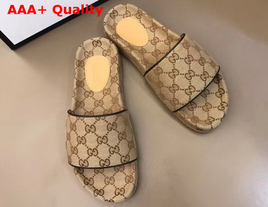 Gucci Mens GG Canvas Slide Sandal Beige and Ebony GG Canvas 624695 Replica