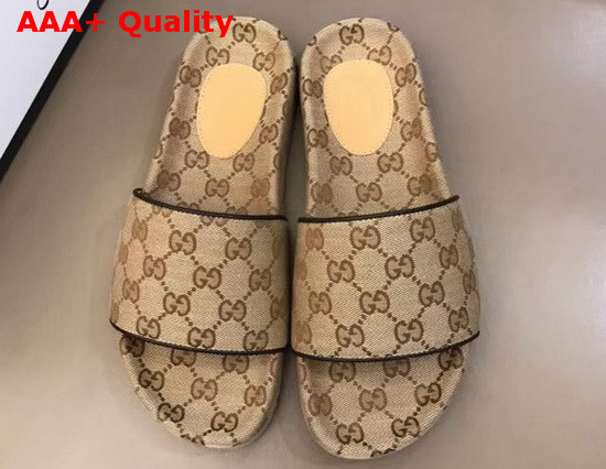 Gucci Mens GG Canvas Slide Sandal Beige and Ebony GG Canvas 624695 Replica