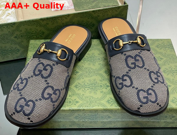 Gucci Mens GG Horsebit Slipper in Beige and Blue Jumbo GG Canvas Replica