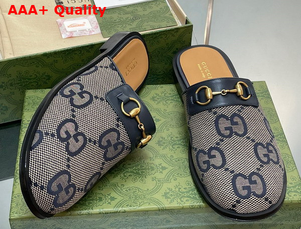 Gucci Mens GG Horsebit Slipper in Beige and Blue Jumbo GG Canvas Replica