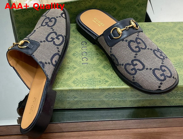 Gucci Mens GG Horsebit Slipper in Beige and Blue Jumbo GG Canvas Replica