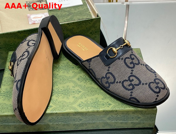 Gucci Mens GG Horsebit Slipper in Beige and Blue Jumbo GG Canvas Replica