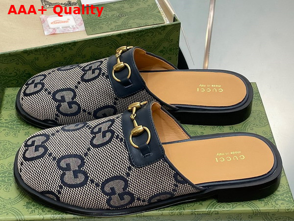 Gucci Mens GG Horsebit Slipper in Beige and Blue Jumbo GG Canvas Replica