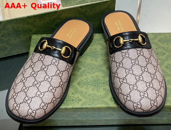 Gucci Mens GG Horsebit Slipper in Beige and Ebony GG Supreme Canvas Replica