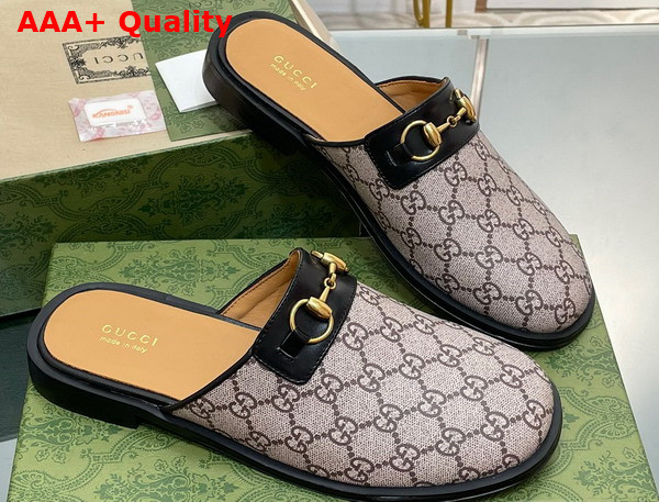 Gucci Mens GG Horsebit Slipper in Beige and Ebony GG Supreme Canvas Replica