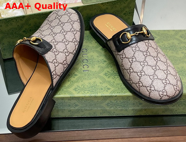 Gucci Mens GG Horsebit Slipper in Beige and Ebony GG Supreme Canvas Replica