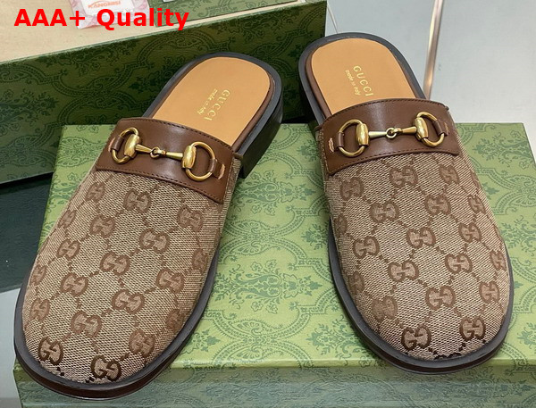 Gucci Mens GG Horsebit Slipper in Beige and Ebony Original GG Canvas 719749 Replica